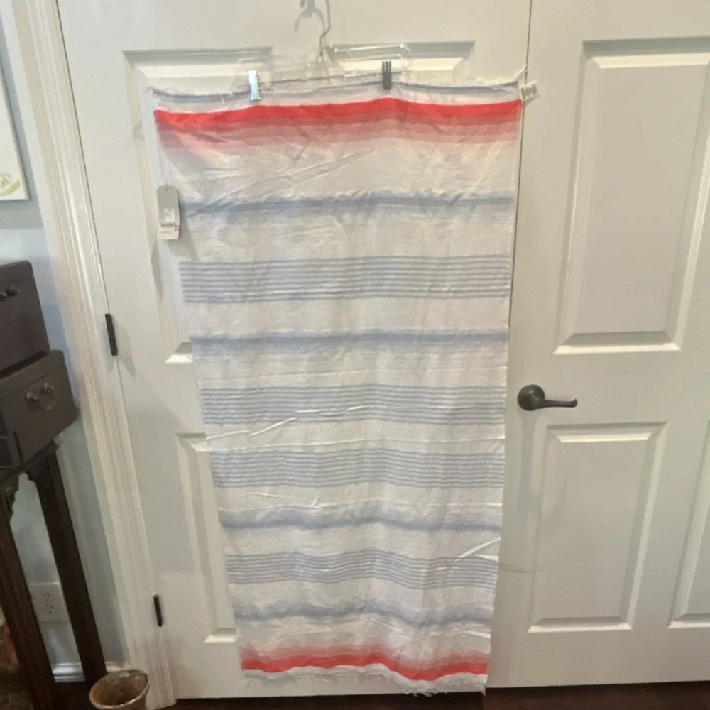 lemlem Handmade Scarf Coral Blue White Cotton Acrylic Fringe swimsuit coverup